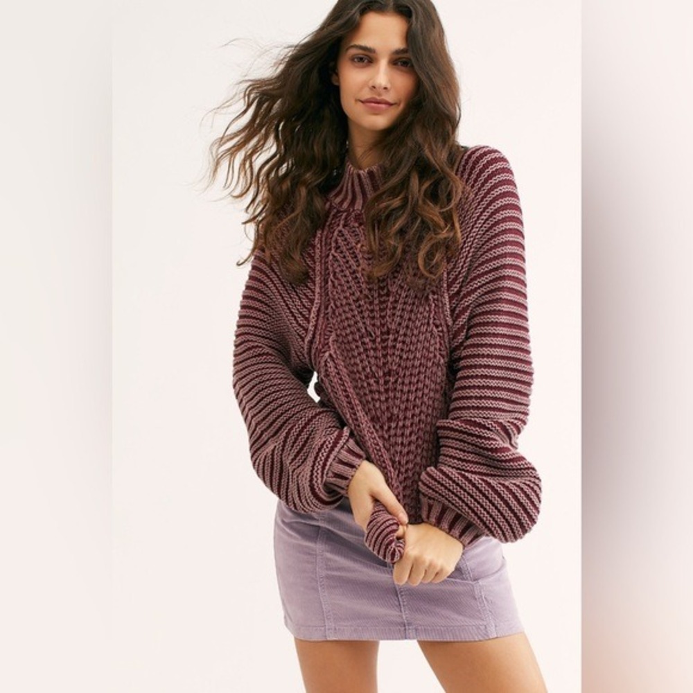Free People‎ Sweetheart Mock Neck Sweater Garnet Grotto Ribbed Knit Medium